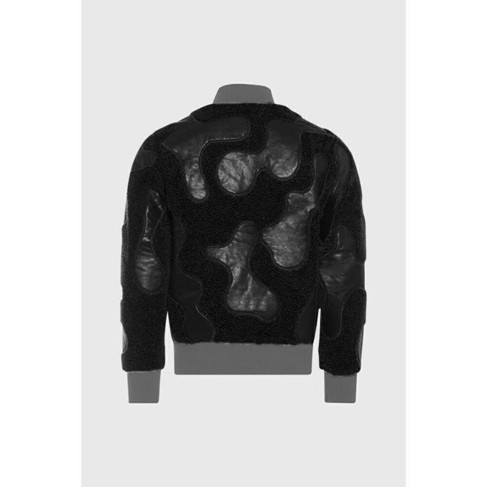 The Hideout Clothing Sherpa & Faux Leather Bomber Black Jacket camouflage Sz L - Picture 2 of 6
